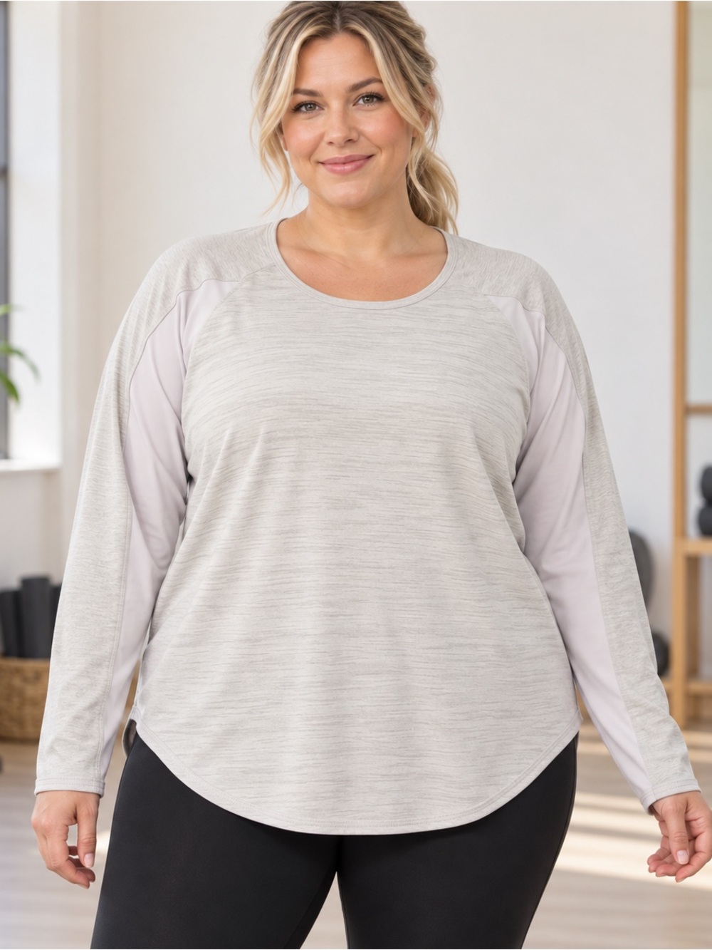 Athleta Plus Heathered Light Gray Raglan Long-Sleeve Top